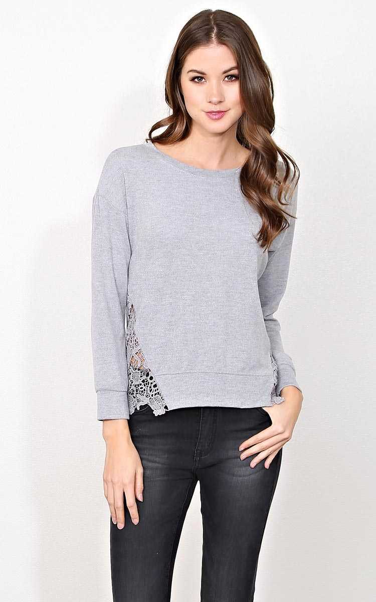 Winter Romance Crochet Detail Knit Top - MED - Heather in Size Medium by Styles For Less