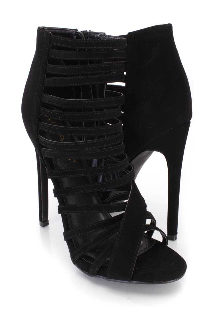 Black Strappy Peep Toe Single Sole Booties Nubuck