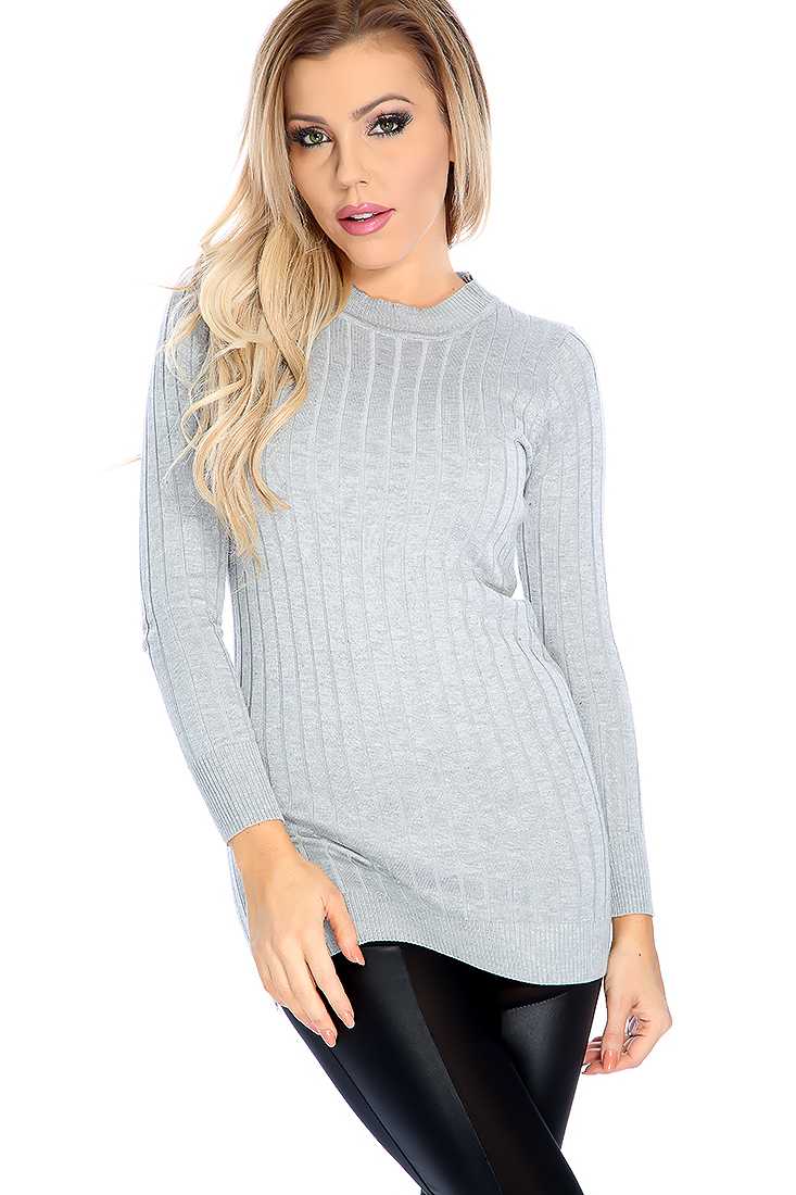 Grey Long Sleeve Mock Neck Ribbed Causal Top