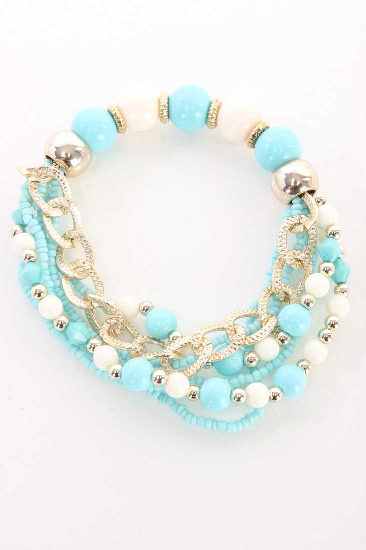 Aqua White Beaded Design High Polish Chain Link Accent Layered Bracelet