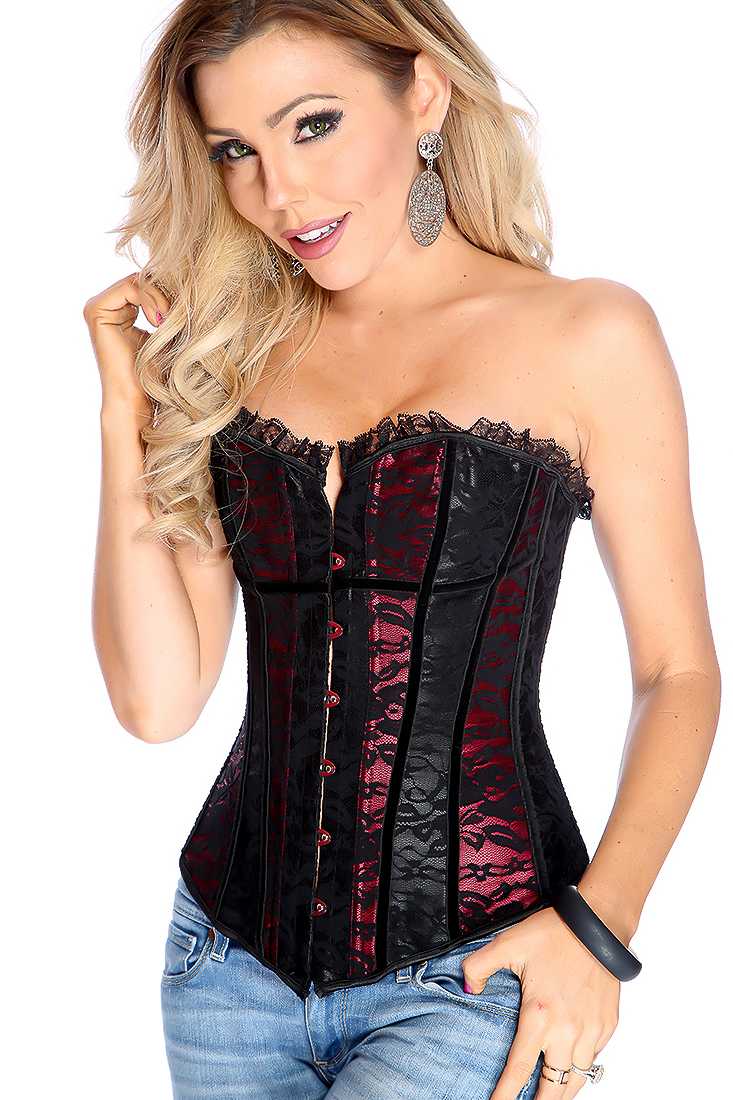 Sexy Black Red Lace Overlay Lace Up Back Corset