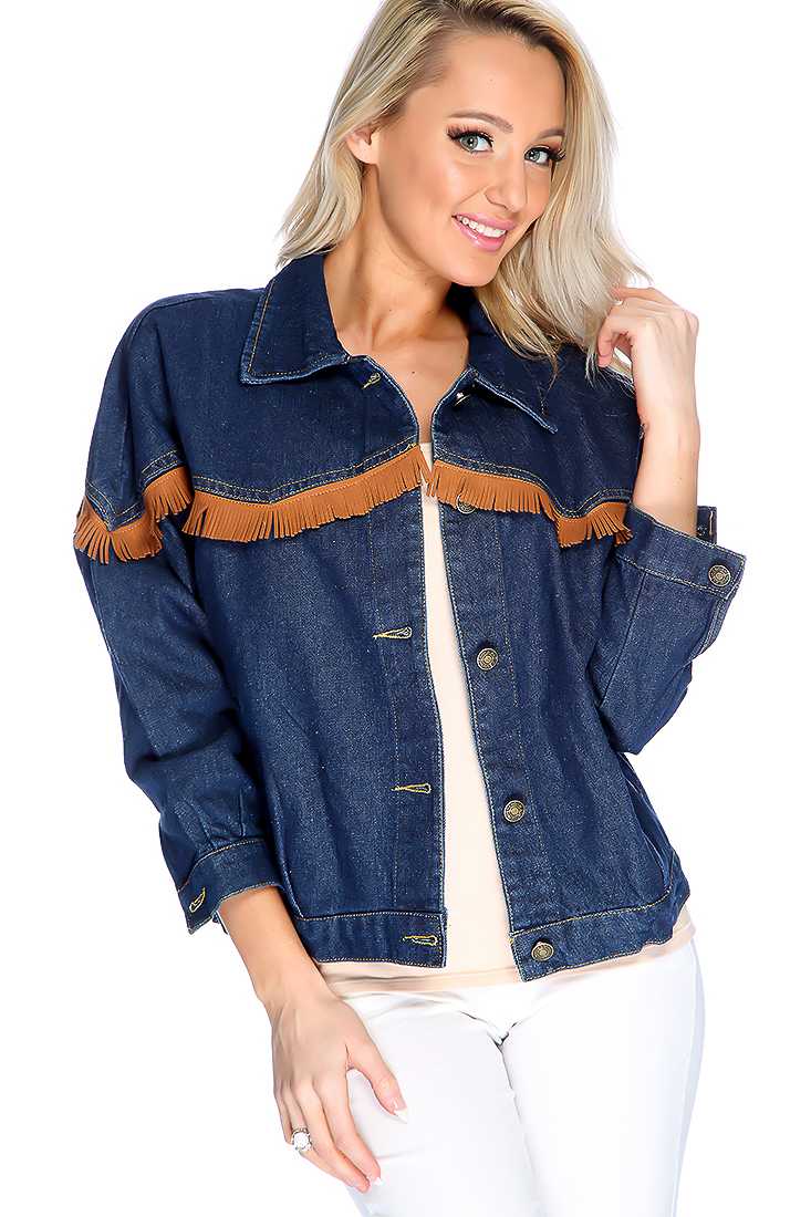 Dark Blue French Detailed Long Sleeve Jean Jacket