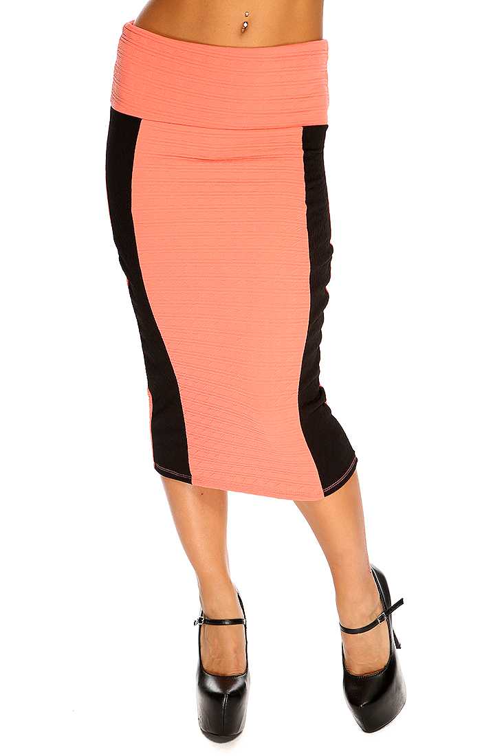 Coral Black Two Tone Knee Lenght Textured Midi Pencil Skirt