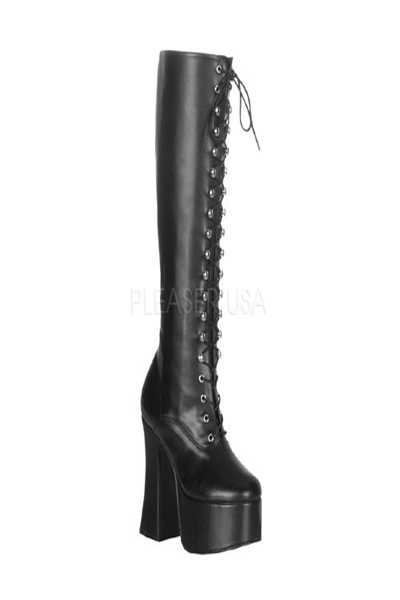 Black Lace Up Chunky Heels Faux Leather