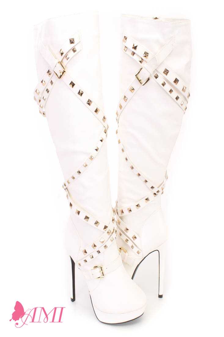 White Studded Strappy High Heel Boots Faux Leather