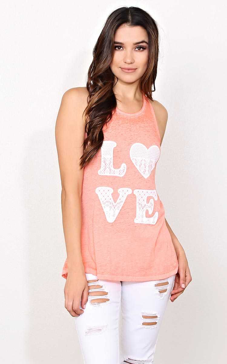 LOVE Lace Burnout Graphic Tank - MED - Coral in Size Medium by Styles For Less