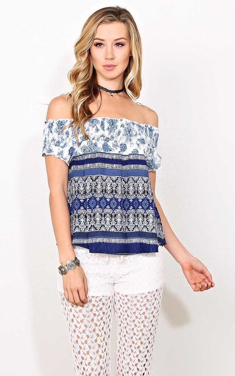 Totally Floral Off The Shoulder Woven Top - - Blue Combo in Size by Styles For Less