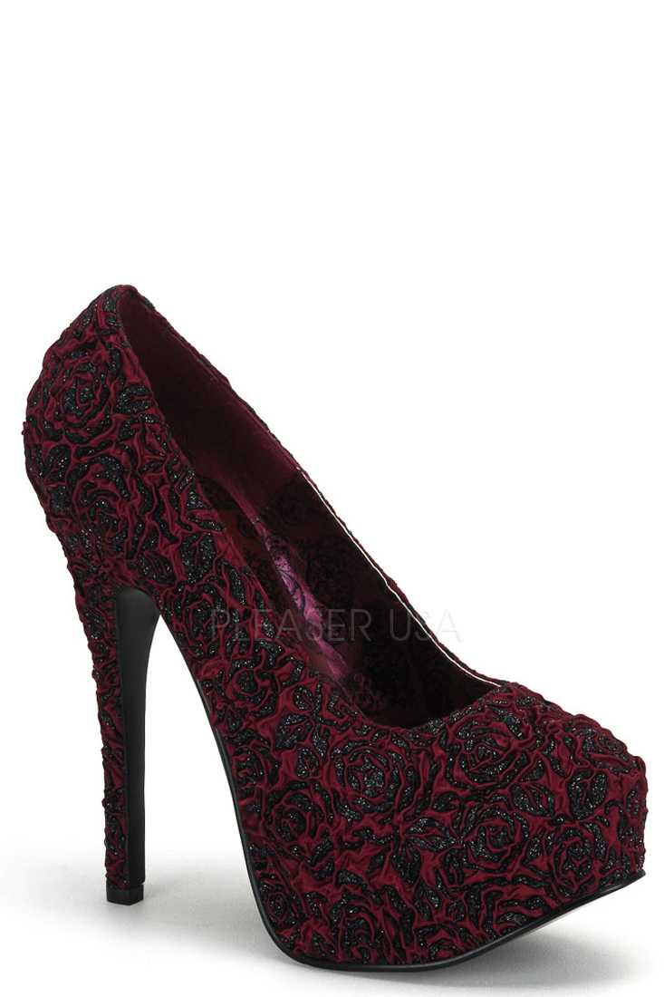 Burgundy Glittery Floral Pattern Platform Pump High Heels Satin