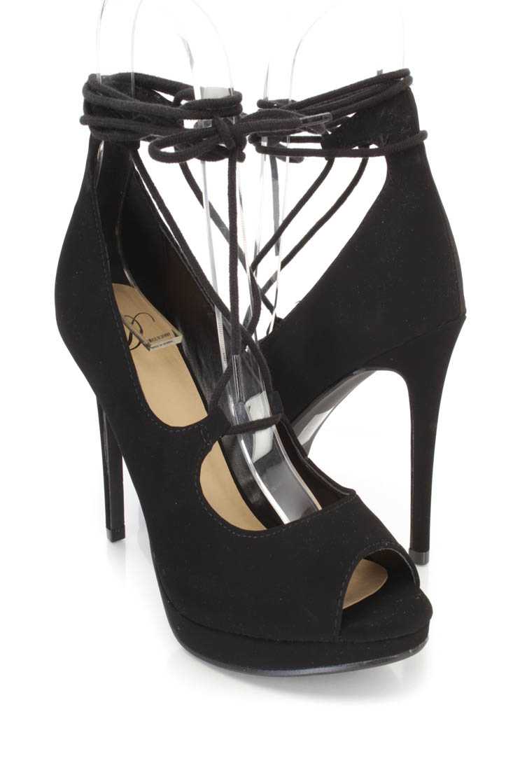 Black Peep Toe Wrap Around Tie High Heels Nubuck