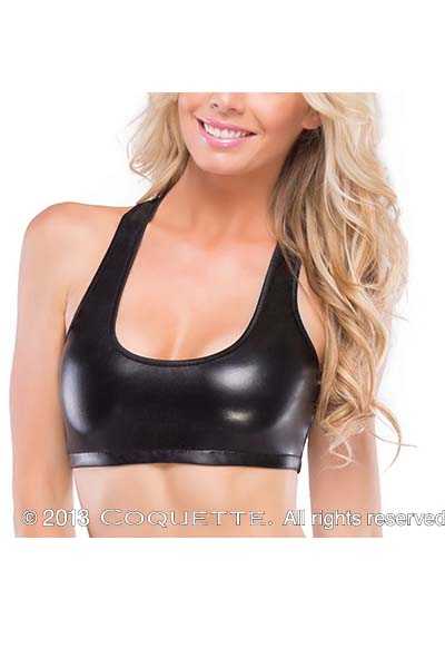 Black Wet Look Racer Back Bra Top
