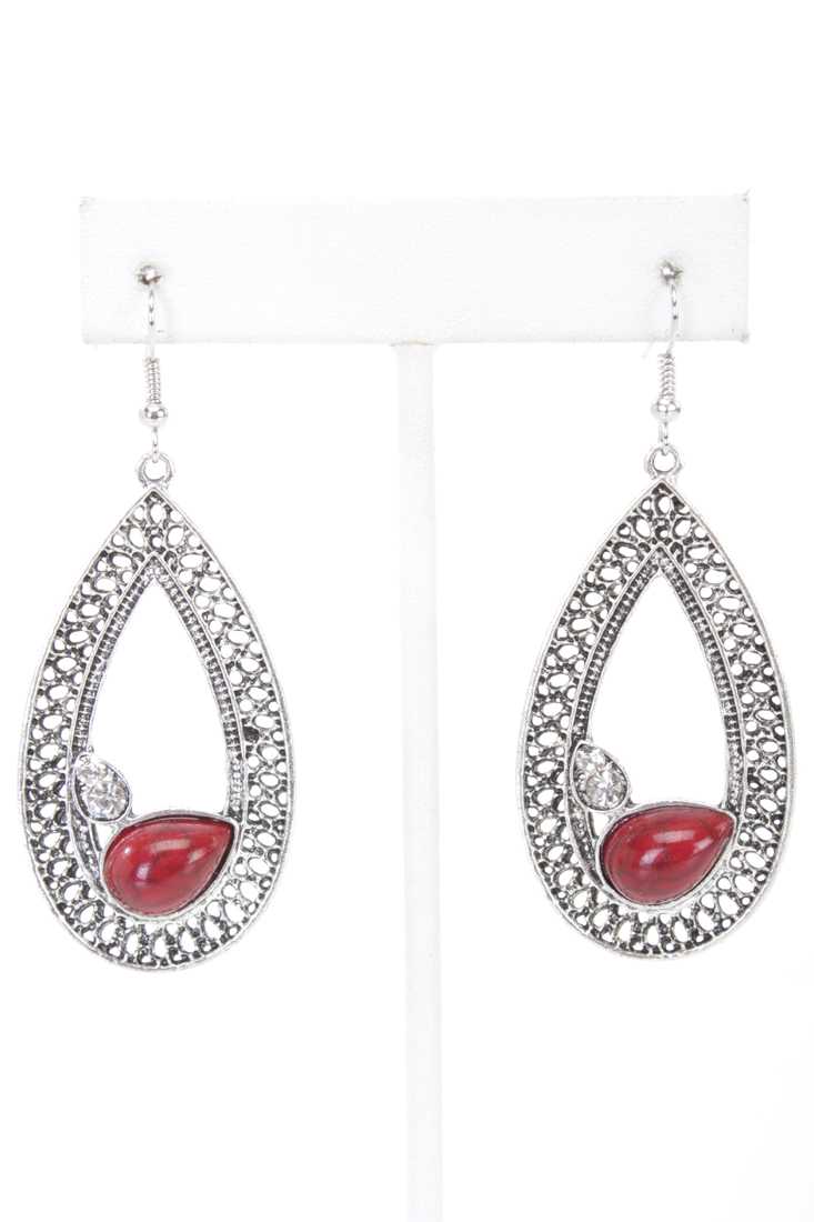 Burgundy Silver Intricate Beaded Tear Drop Earrings