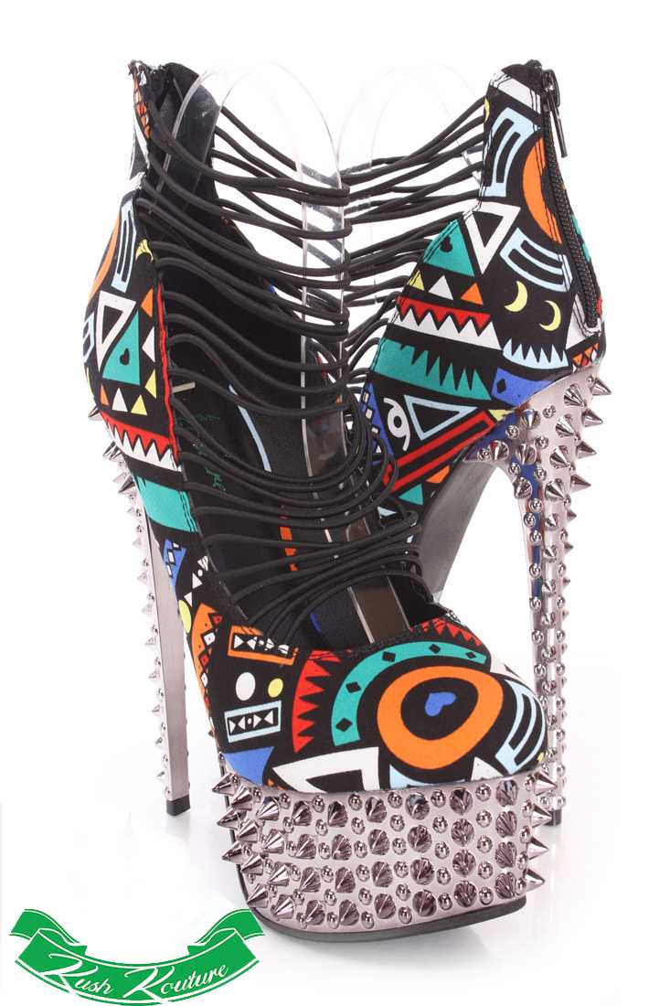 Black Multi Printed Strappy High Heels Canvas