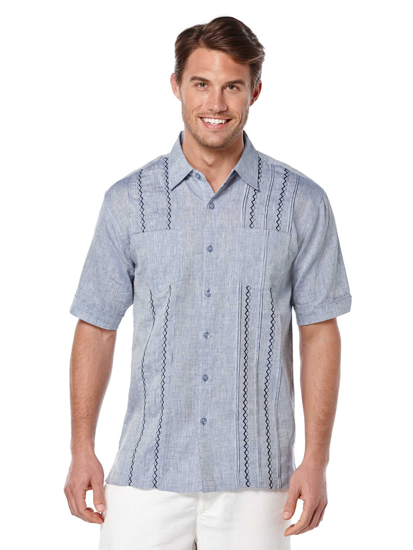 Cubavera Short Sleeve 100%  Linen 2 Pocket Tuck With Embroidery
