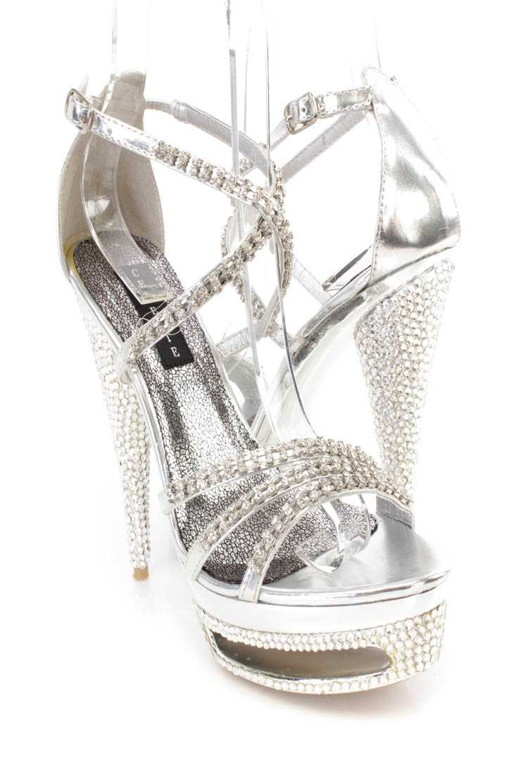 Silver Rhinestone Strappy Platform 6 Inch High Heels Faux Leather