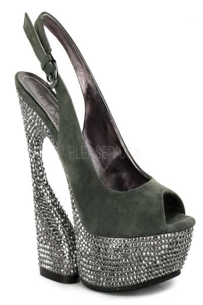 Olive Suede Rhinestones Slingback Peep Toe Platform Sculptured Wedge Heel