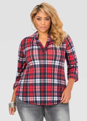 Button Tab Hi-Lo Plaid Shirt