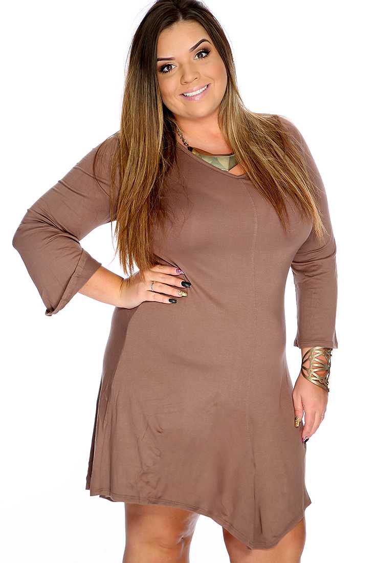 Mocha Scoop Neck Long Sleeves Plus Size Party Dress