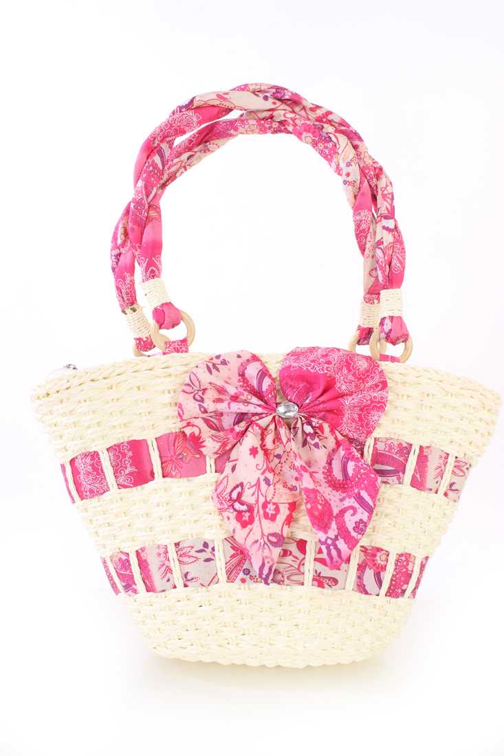 Fuchsia Straw Ribbon Woven Bow Accent Handbag
