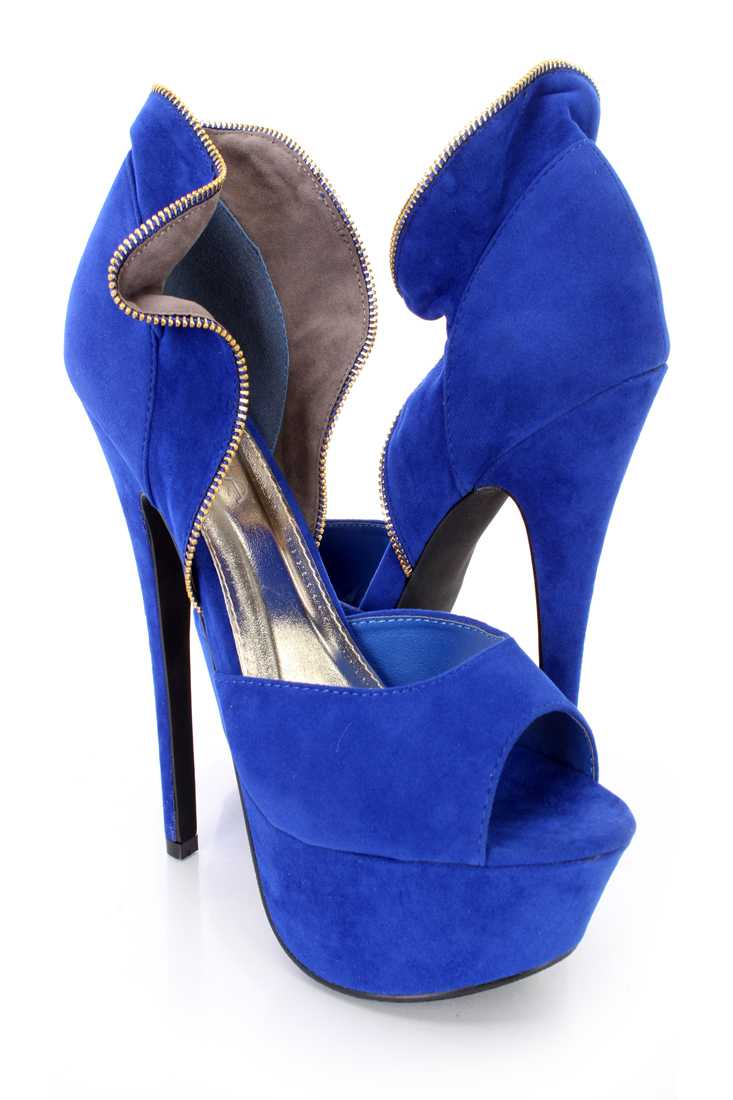 Blue Zipper Trim Collar Platform 6 Inch Heels Faux Suede