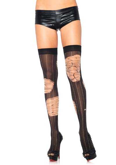 Black Distressed Striped Thigh Highs