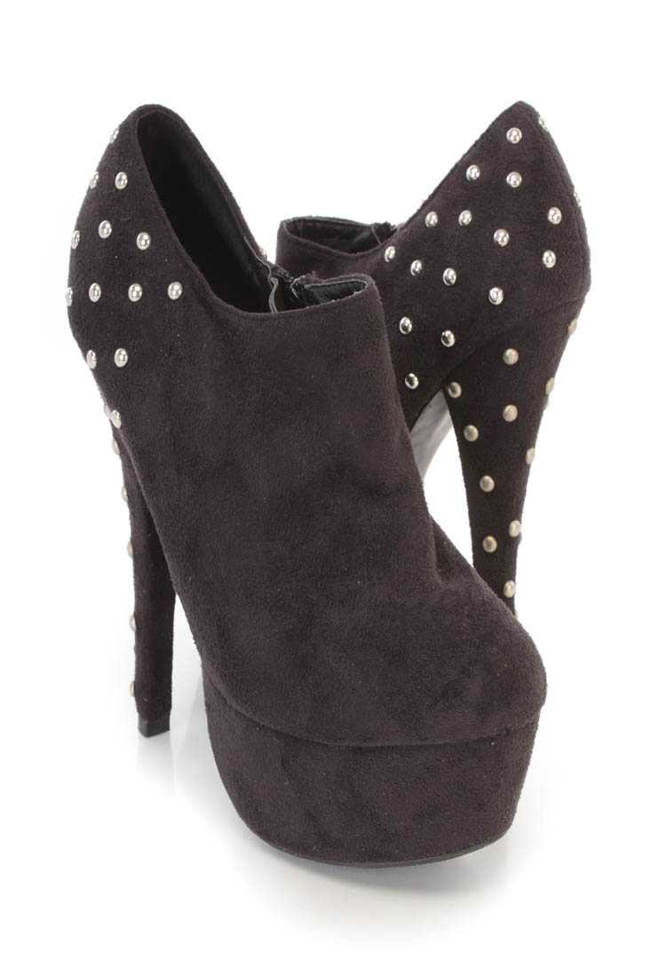 Black Studded Detail Platform Heel Booties Faux Suede