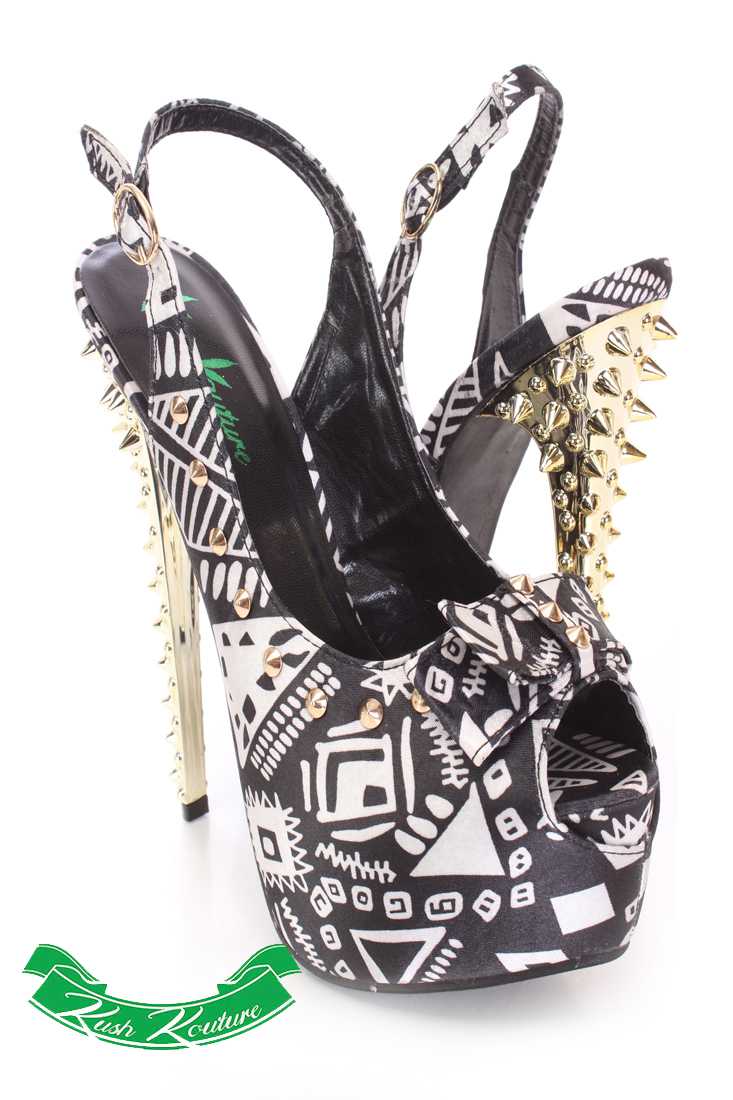 Black White Studded Peep Toe Slingback High Heels Canvas