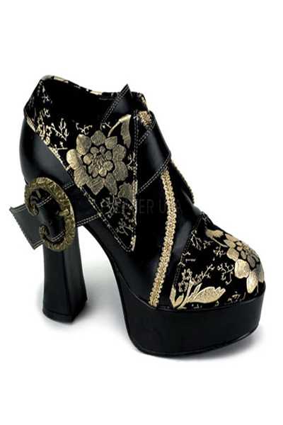 Black Gold Faux Leather Floral Embroidery High Heels