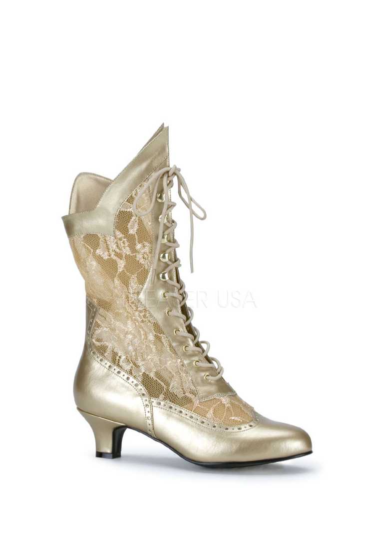 Gold Lace Inset Lace Up Boots Faux Leather