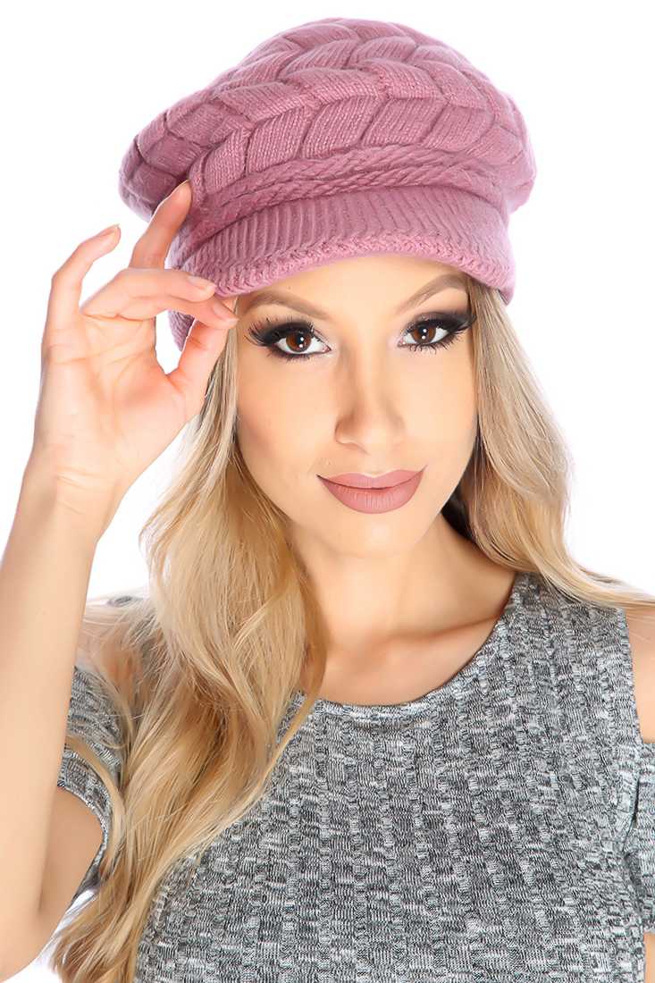 Mauve Cable Knit Newsboy Beanie