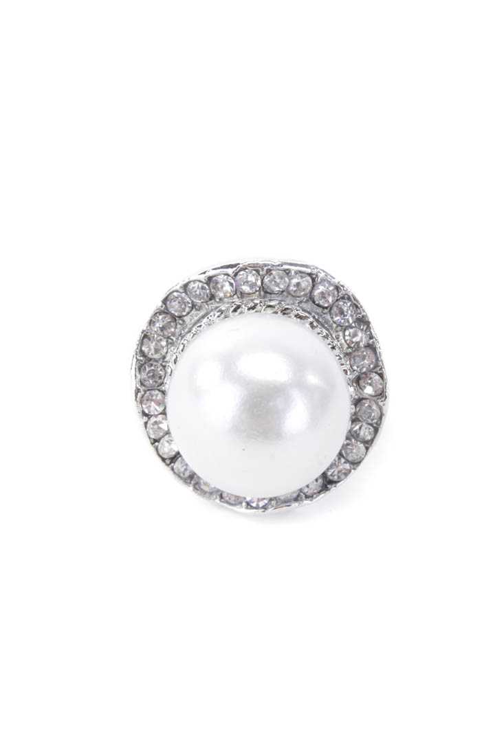 Silver Faux Pearl Center Rhinestone Accents Cocktail Ring