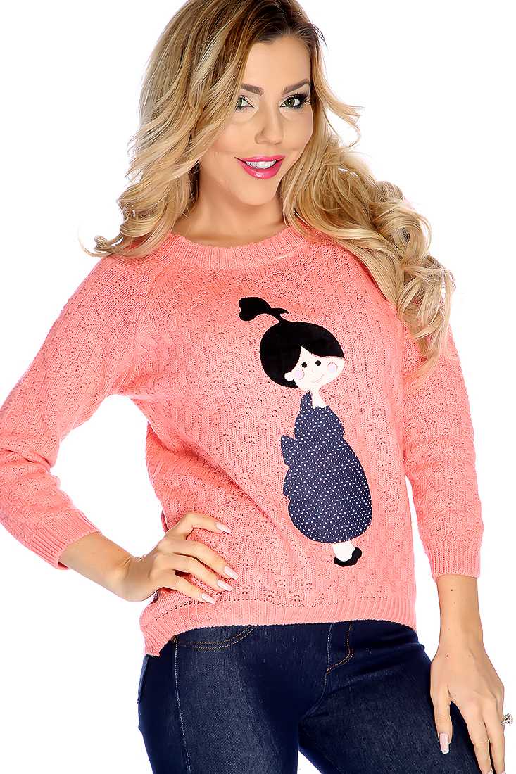 Salmon Knitted Girl Patch Long Sleeve Sweater Top