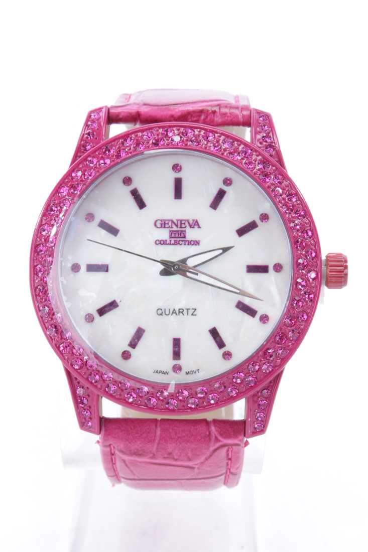 Fuchsia Faux Leather Croc Skin Large Rhinestone Round Face Watch