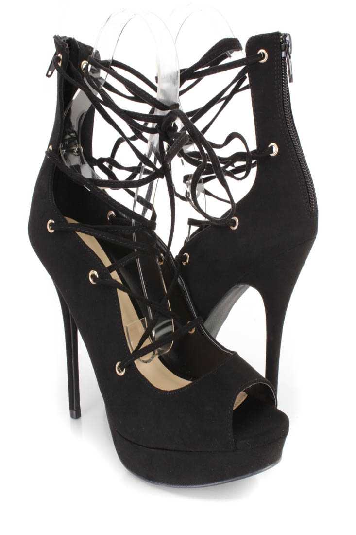 Black Lace Up Platform High Heels Faux Suede