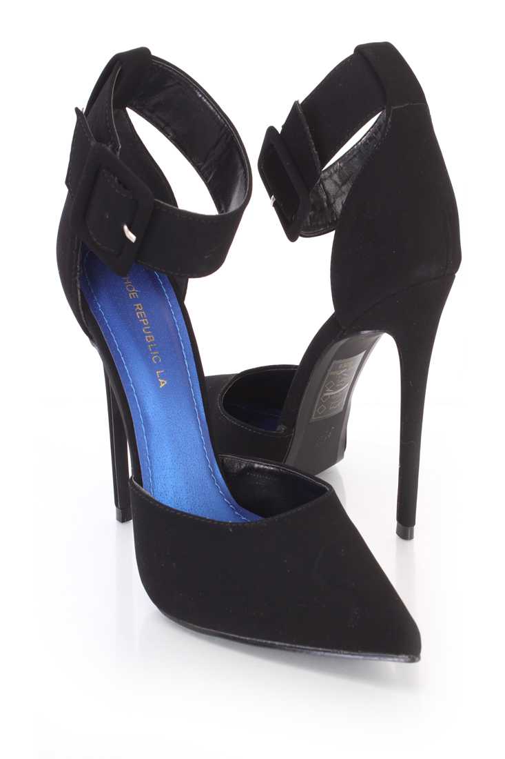 Black Ankle Strap Single Sole Heels Nubuck