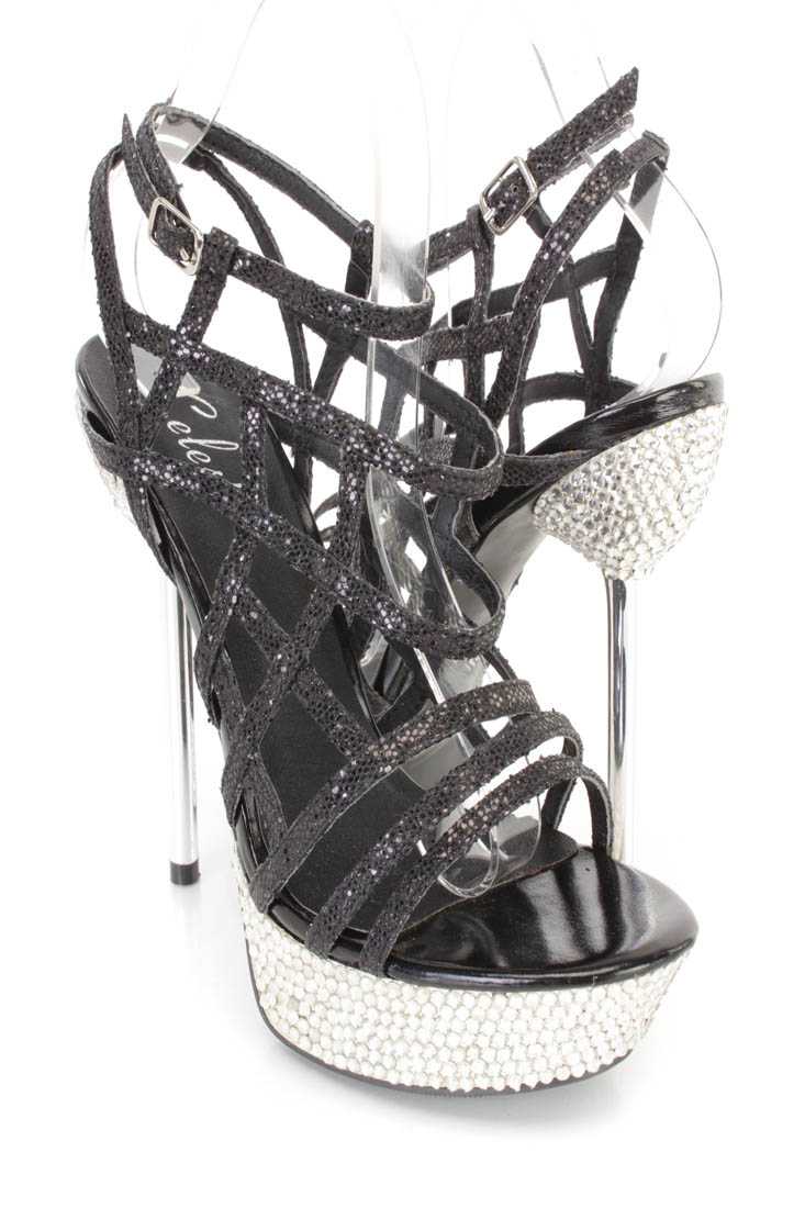 Black Strappy Rhinestone Platform Stiletto High Heels Glitter
