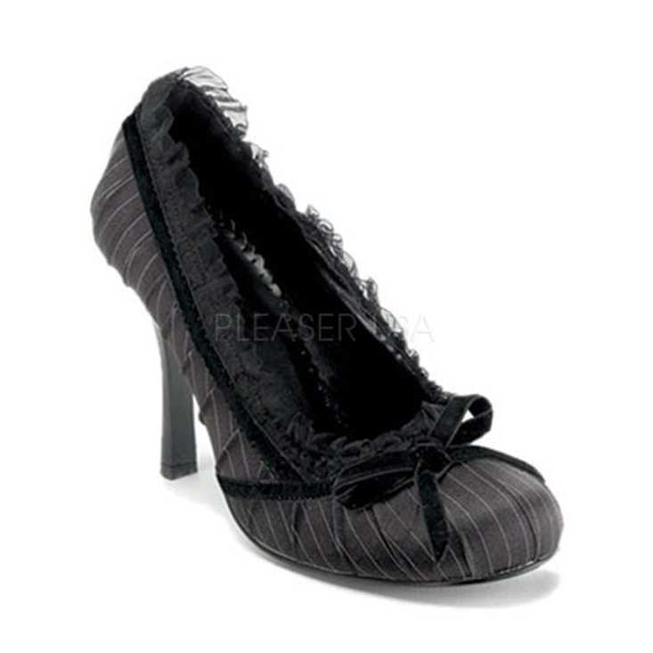 Black White Pinstripe Satin Ruffle Trim Pump High Heels