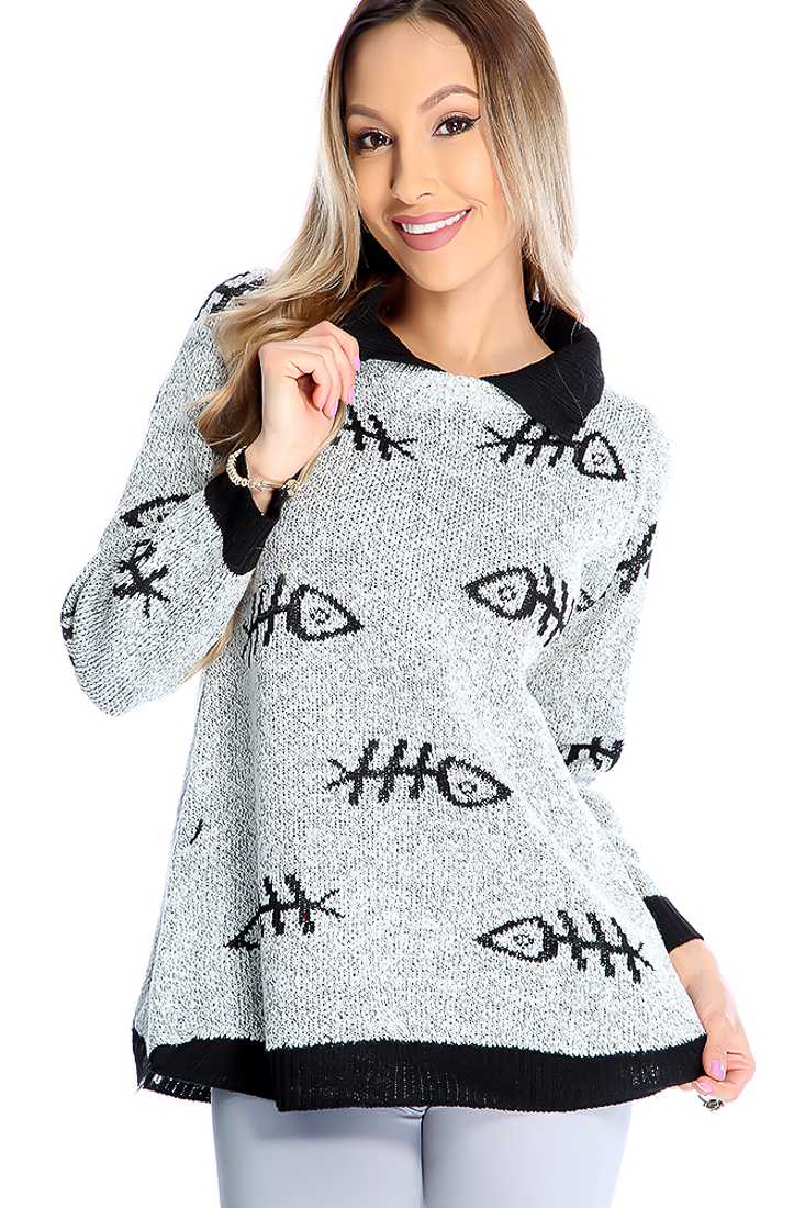 Grey Long Sleeve Fish Bone Knit Casual Sweater