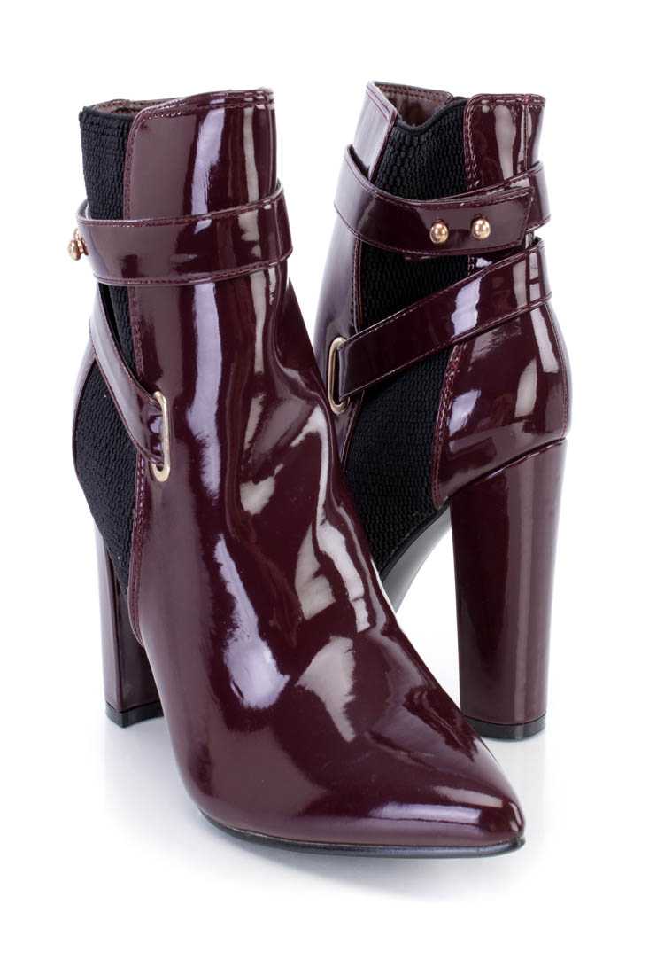 Wine Pointed Toe Chunky Heel Ankle Booties Patent