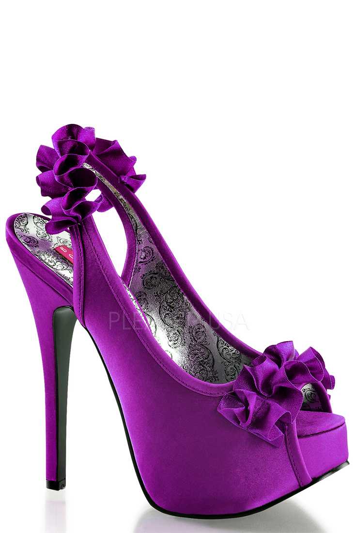 Purple Ruffle Detailed Slingback Platform High Heels Satin