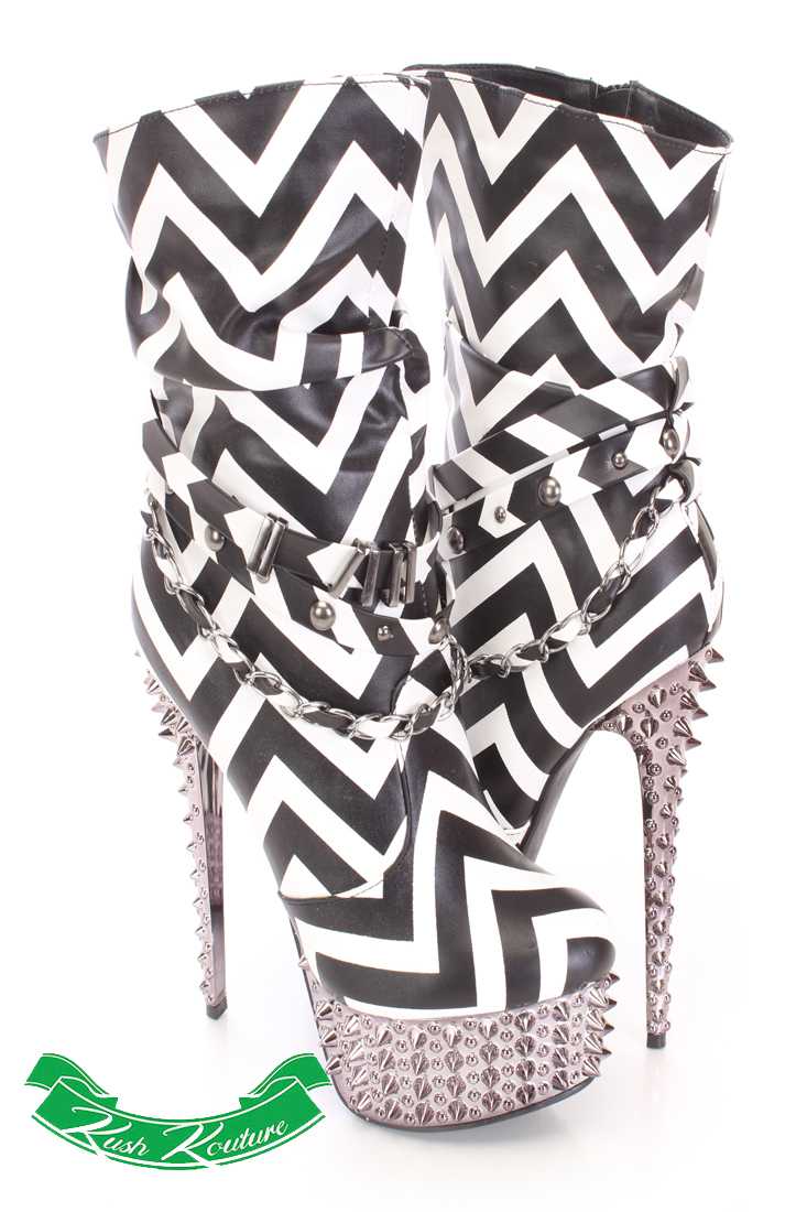 Black White Slouchy Strappy Spiked Boots Faux Leather