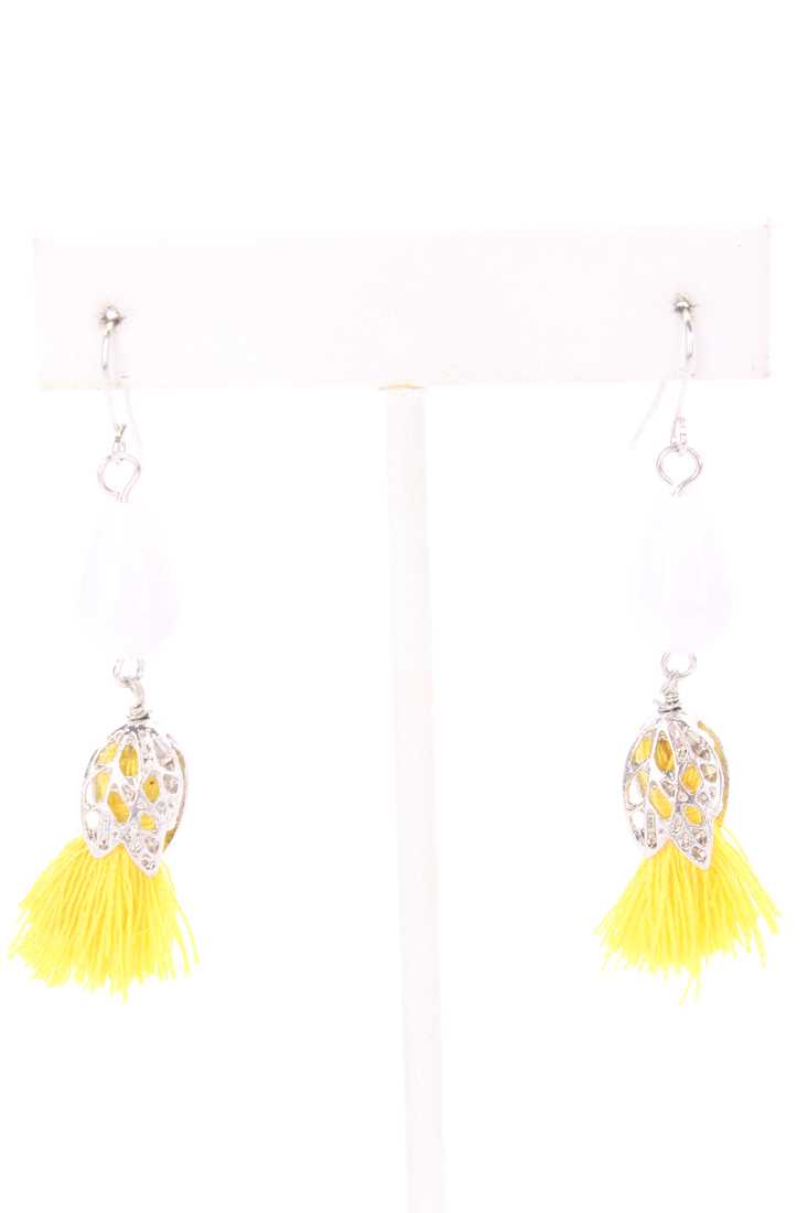 Yellow Silver Two Toned Raindrop Pendant Fringe Earrings