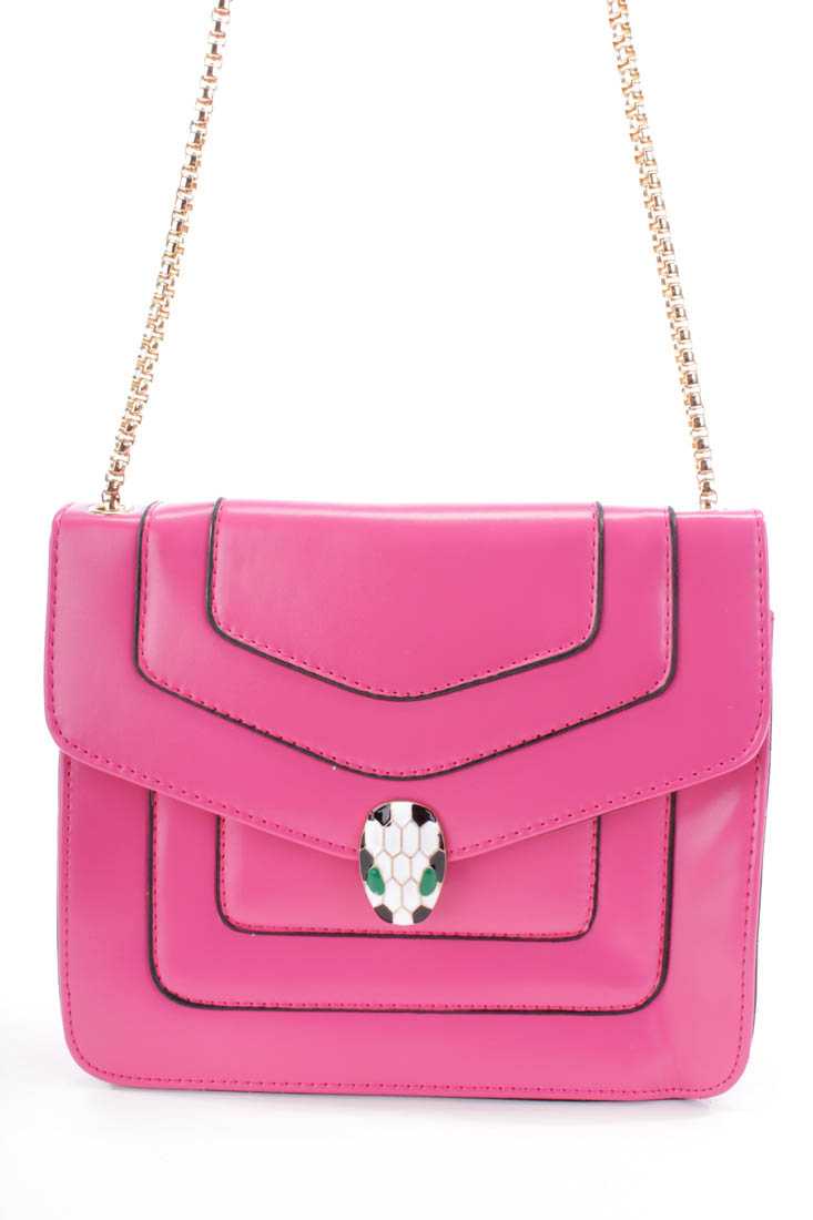Fuchsia Pendant Chain Link Strap Faux Leather Handbag