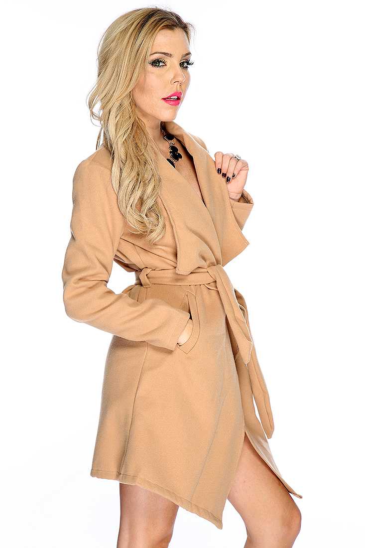 Camel Waist Tie Pea Coat Outerwear