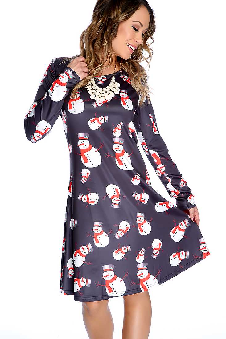 Black Reindeer Print Long Sleeve Holiday Dress
