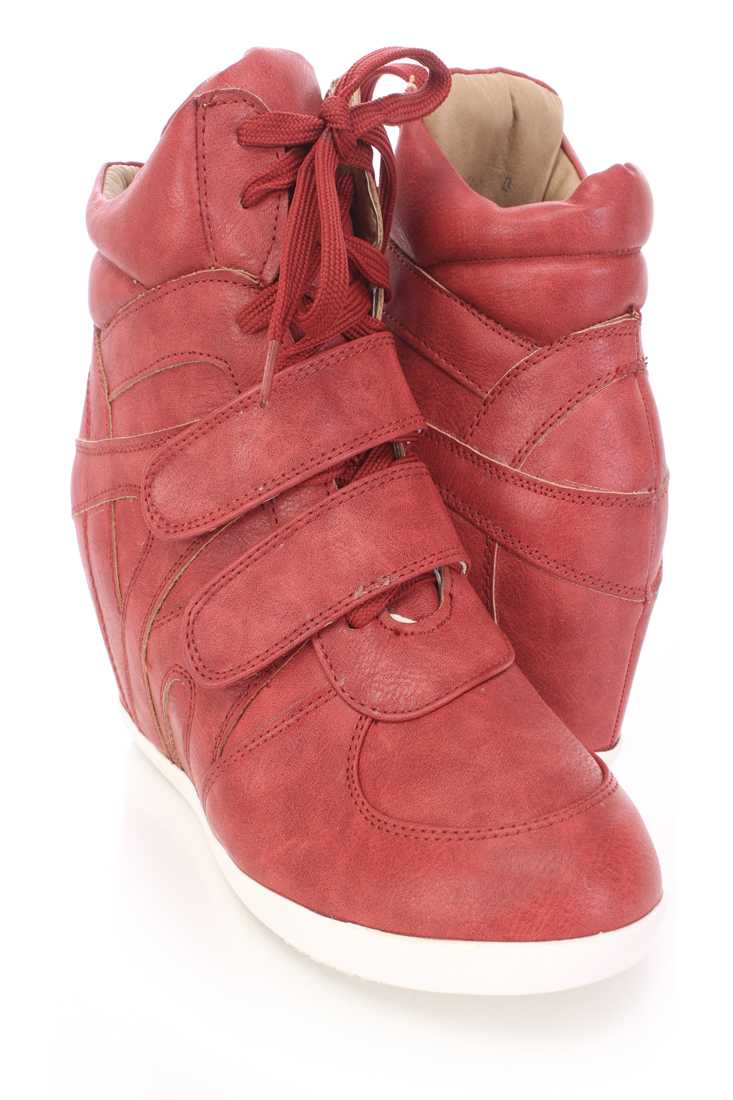 Red Lace Up Strappy Sneaker Wedges Faux Leather