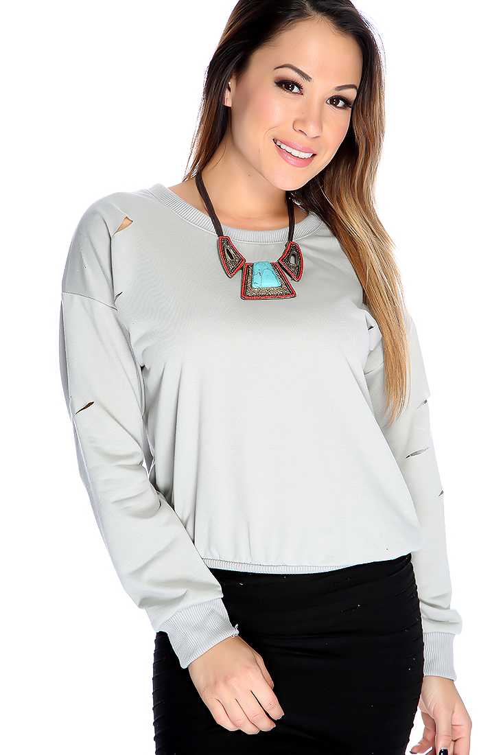 Grey Razor Slits Long Sleeves Sweater Top