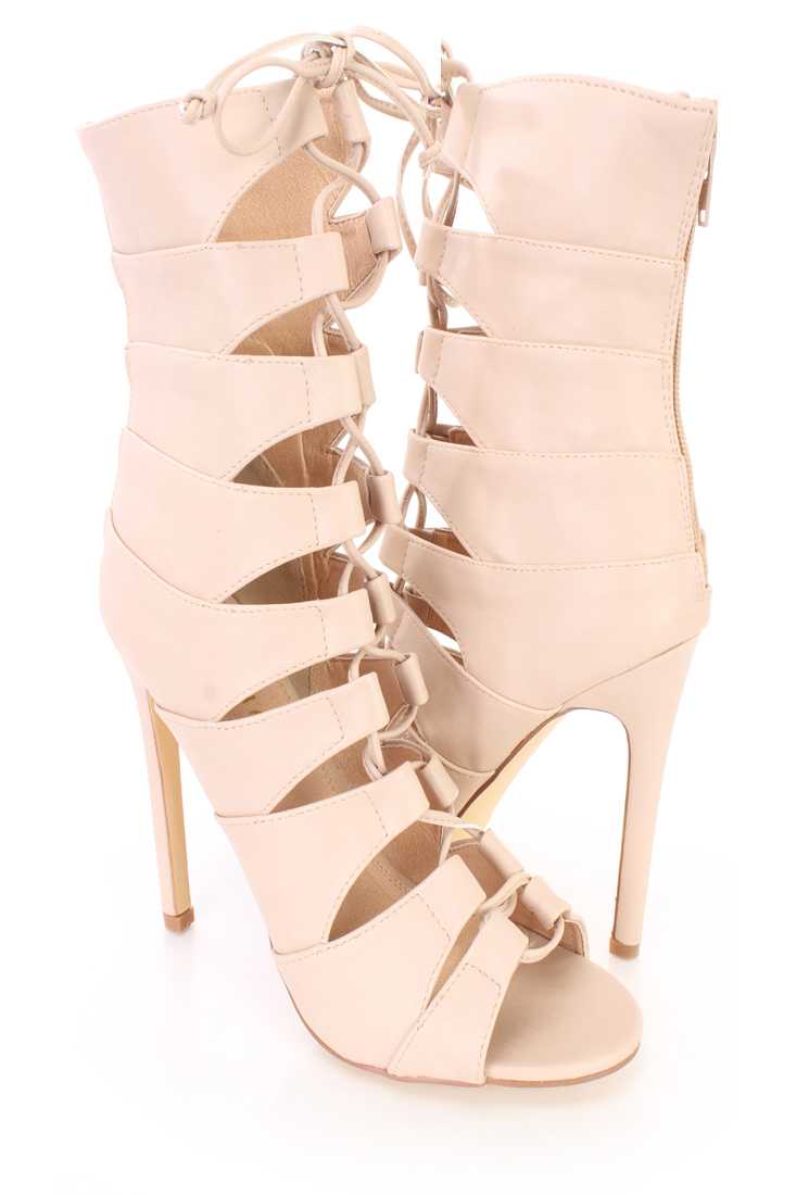 Nude Strappy Peep Toe Sandal Booties Faux Leather