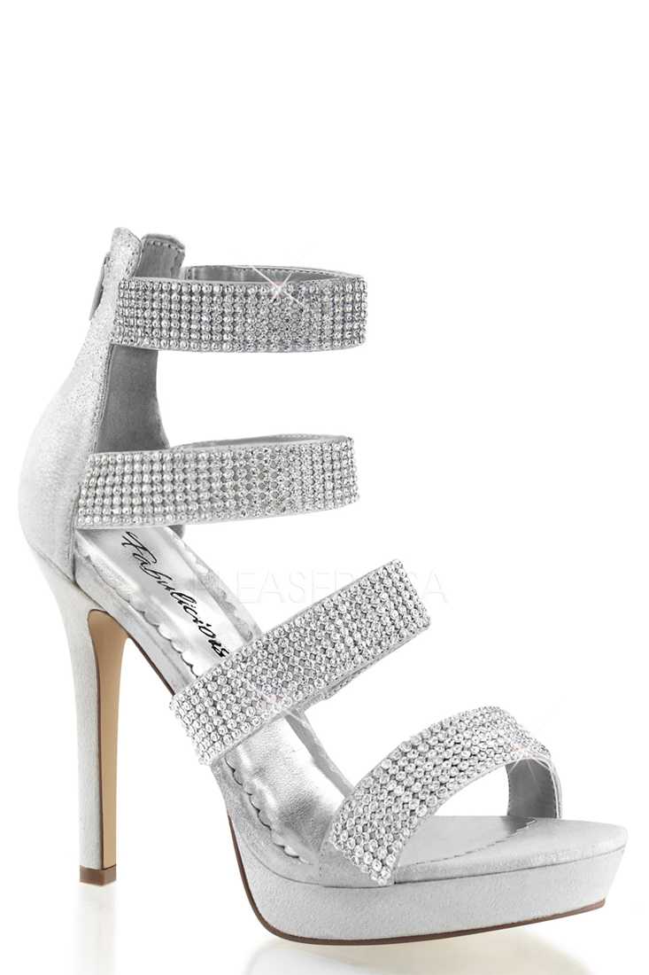 Silver Rhinestone Strappy High Heels Fabric