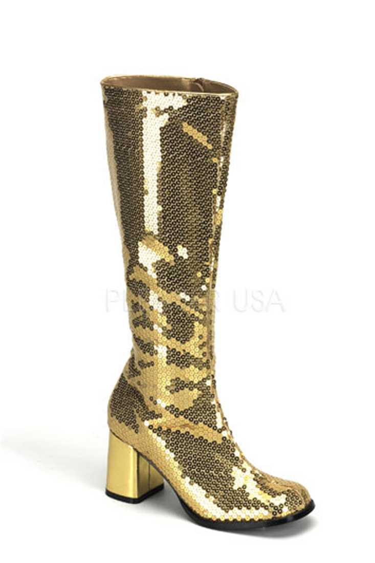 Gold Chunky Block Heel Knee High Boots Sequins