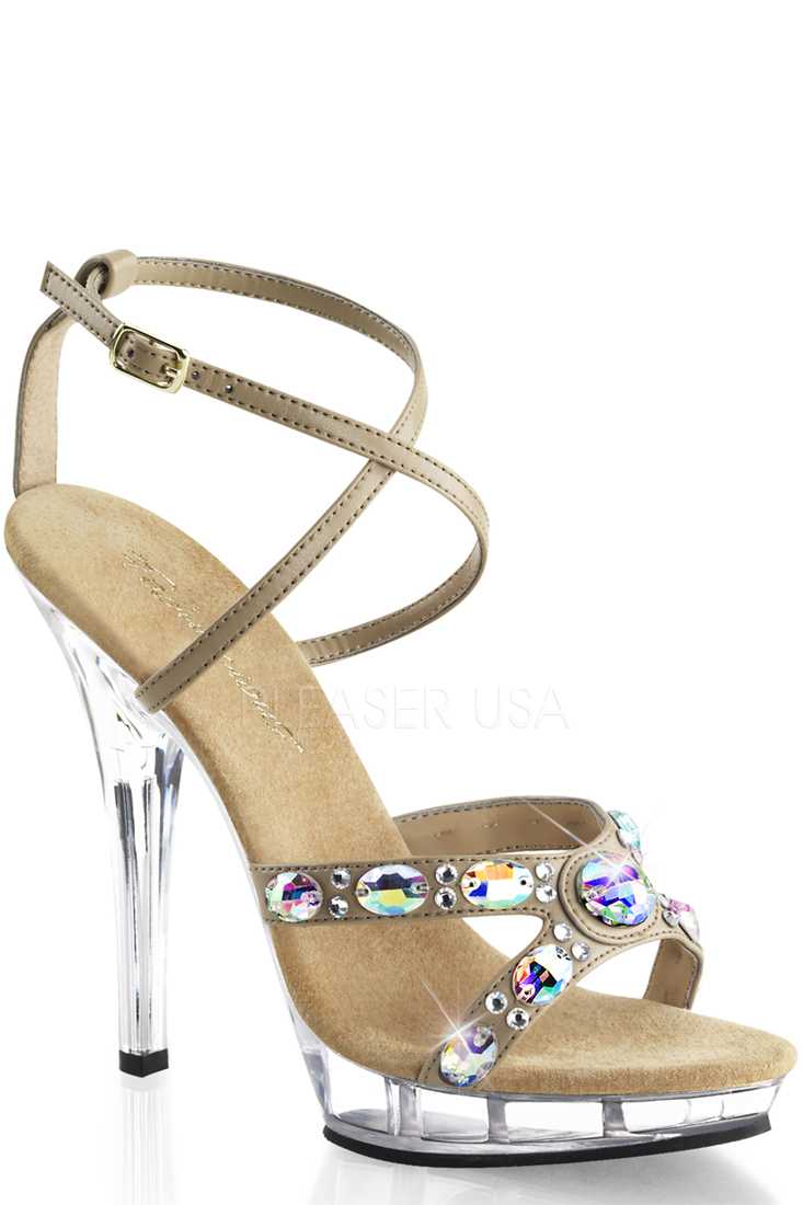 Taupe Rhinestone Criss Cross High Heels Faux Leather